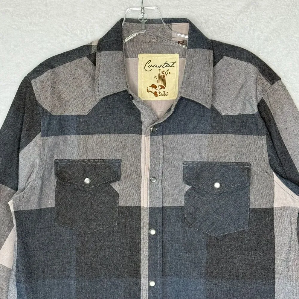 Coastal Pearl Snap Shirt Mens Medium Blue Gray Plaid Western Cowboy Long‎ Sleeve